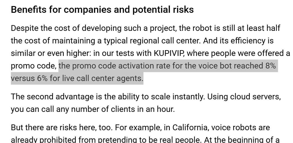 "the voice robot's promo code activation rate reached 8%, compared to 6% for real call center employees."